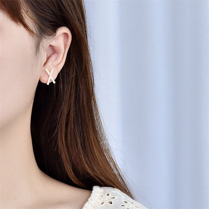 Simple CZ Letter X Cross 925 Sterling Silver Stud Earrings