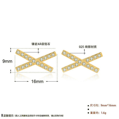 Simple CZ Letter X Cross 925 Sterling Silver Stud Earrings