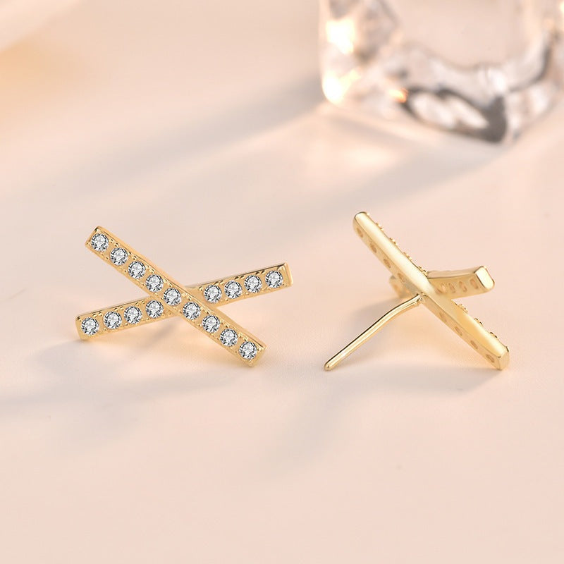 Simple CZ Letter X Cross 925 Sterling Silver Stud Earrings
