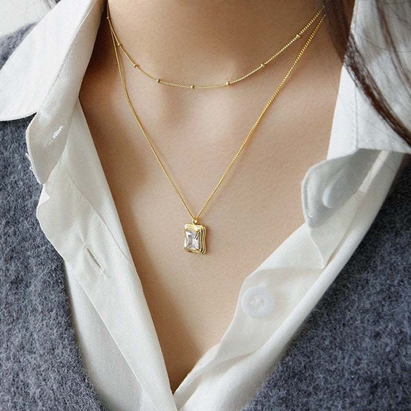 Simple Geometry Square CZ Hot 925 Sterling Silver Necklace