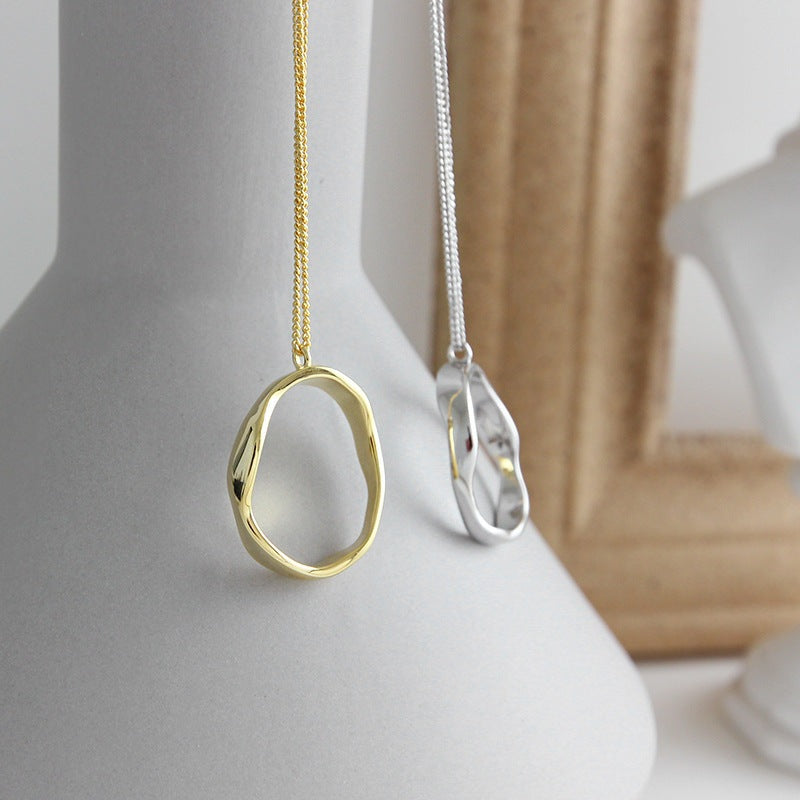 Simple Irregular Geometry Wave Circle 925 Sterling Silver Necklace