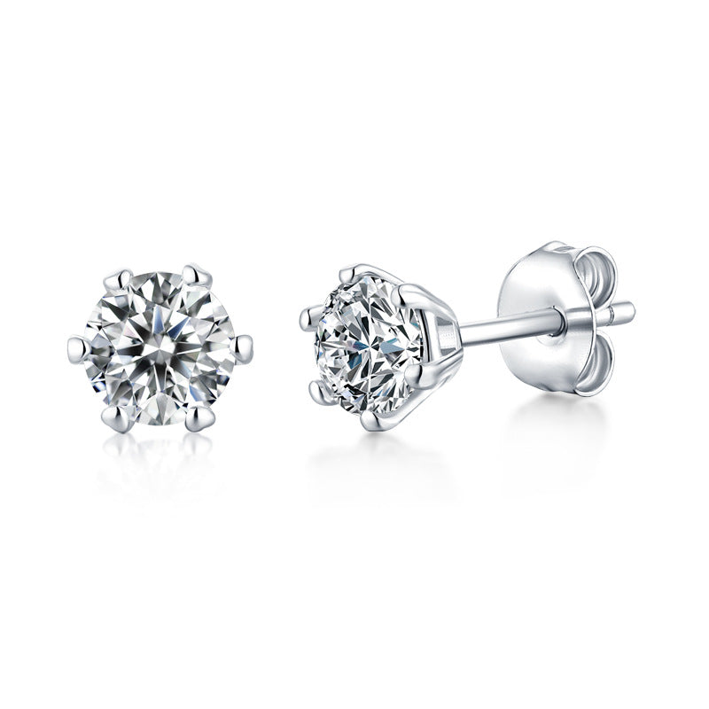 Simple Six Claw Round Moissanite CZ 925 Sterling Silver Stud Earrings