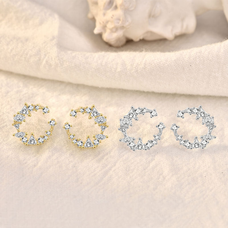 Sweet CZ Crescent Moon Circle 925 Sterling Silver Stud Earrings