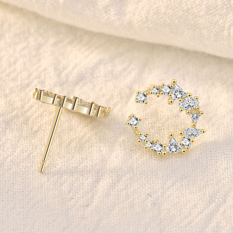 Sweet CZ Crescent Moon Circle 925 Sterling Silver Stud Earrings