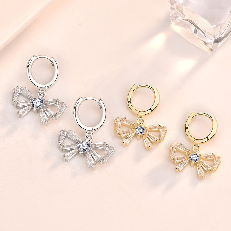 Sweet CZ Girl Bow-Knot 925 Sterling Silver Hoop Earrings