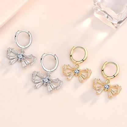 Sweet CZ Girl Bow-Knot 925 Sterling Silver Hoop Earrings