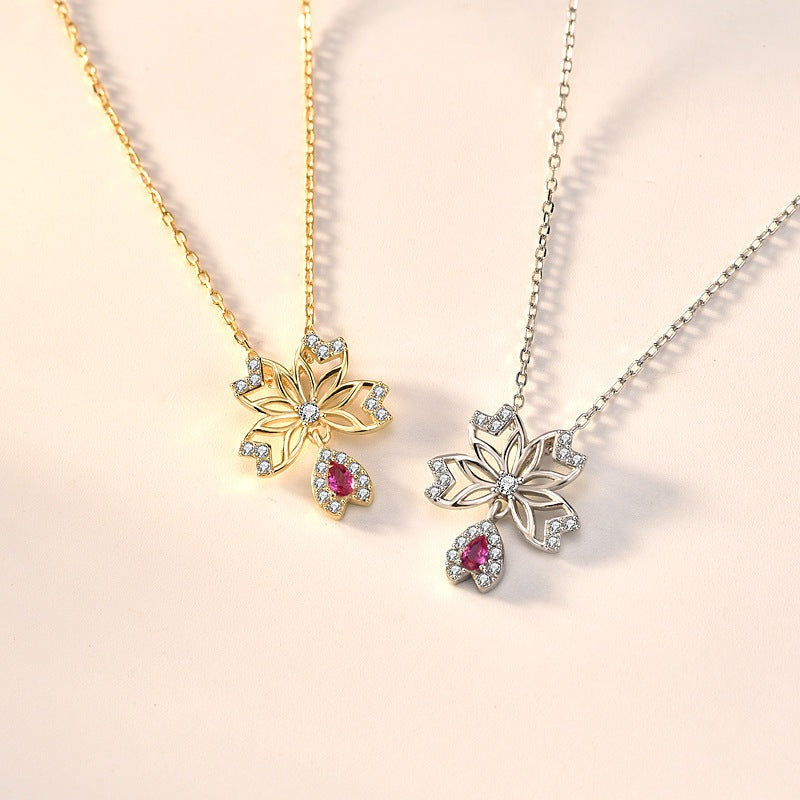 Sweet Hollow CZ Sakura Flower 925 Sterling Silver Necklace