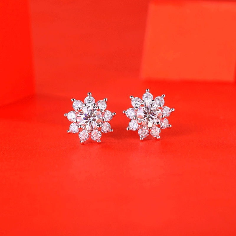 Sweet Moissanite CZ Sunflower 925 Sterling Silver Stud Earrings