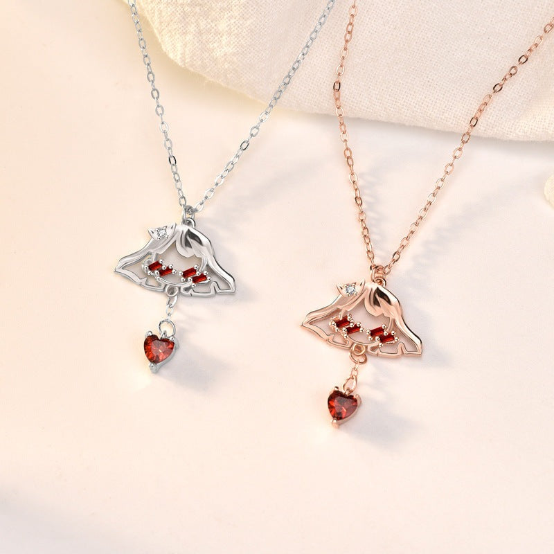 Sweet Red CZ Shy Girl Heart 925 Sterling Silver Necklace